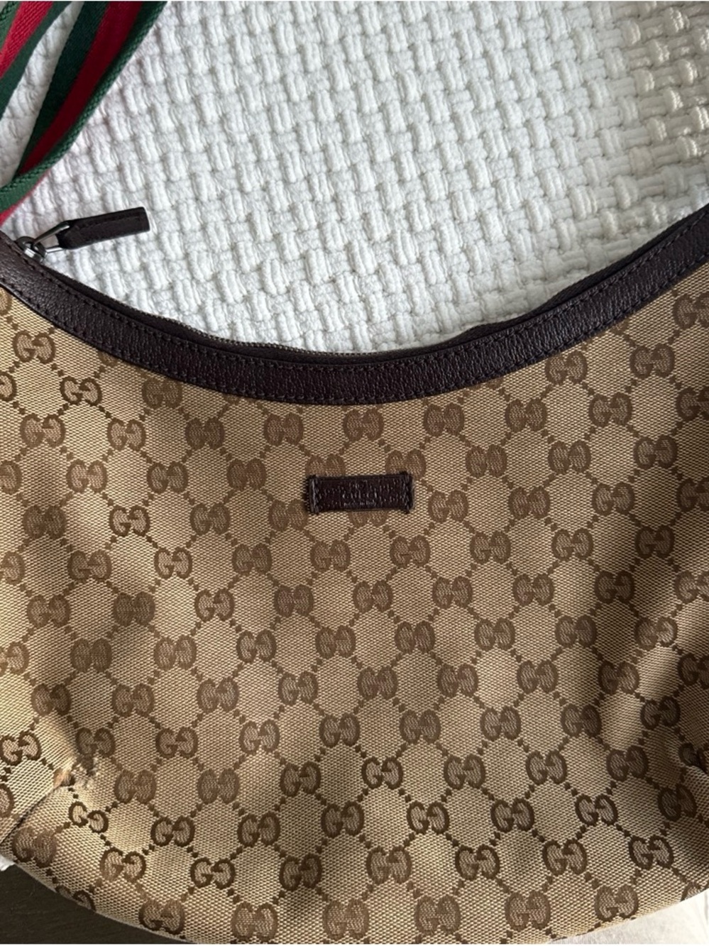 Gucci Brown/Tan Monogram Shoulder Bag with Web Strap